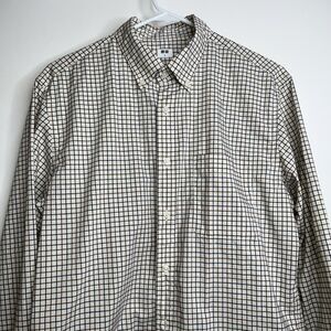 Uniqlo Shirt Mens Small Beige & Navy & Brown Check Plaid Casual Work Long Sleeve